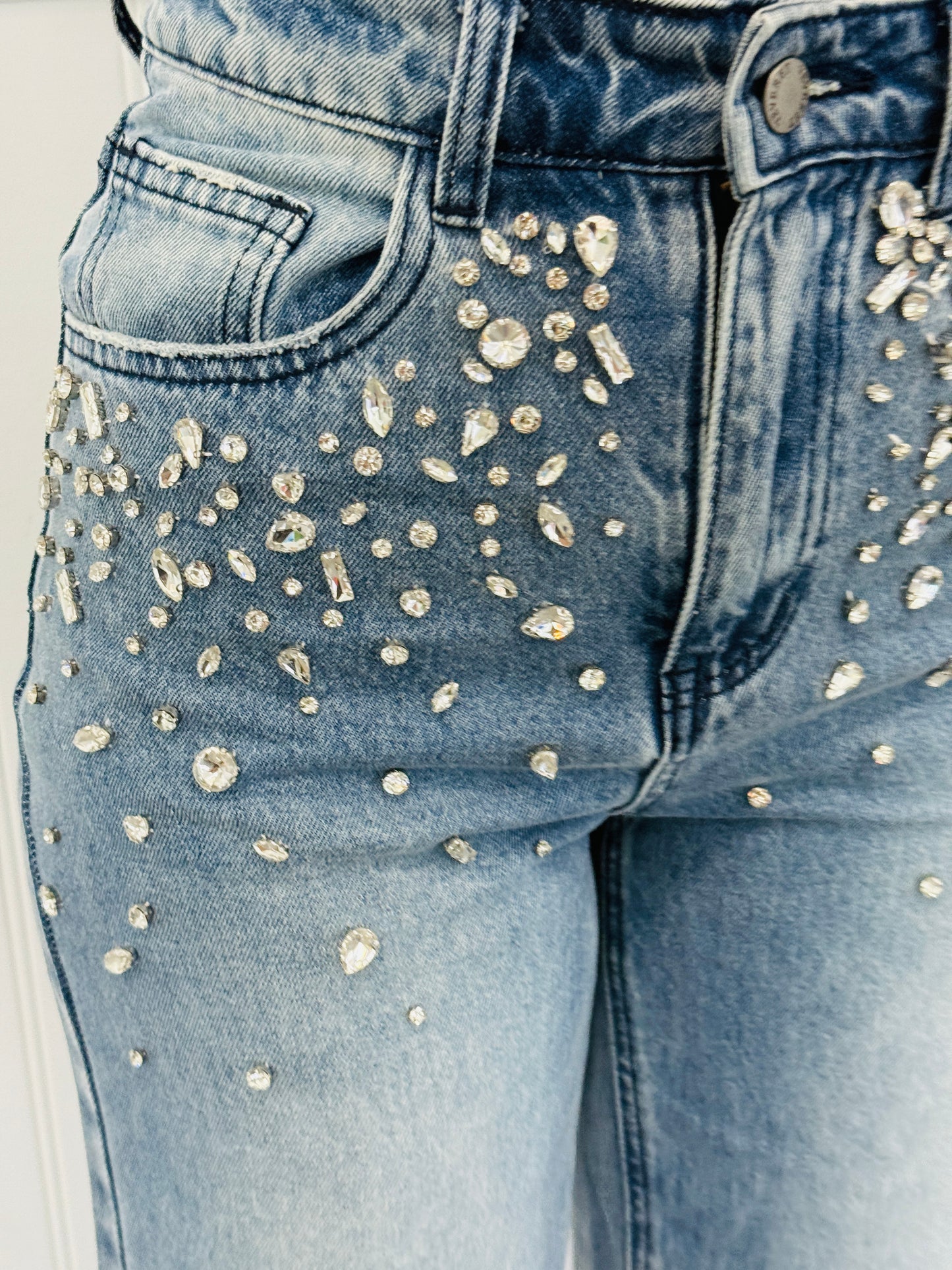 Medium Wash Rhinestone Studded Denim Jeans (Reg.)
