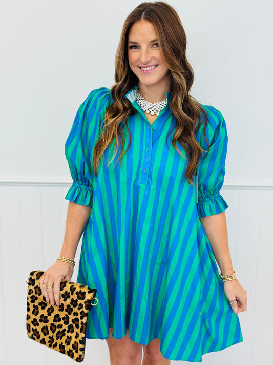 Green Striped Tie Back Mini Dress (Reg & Plus)