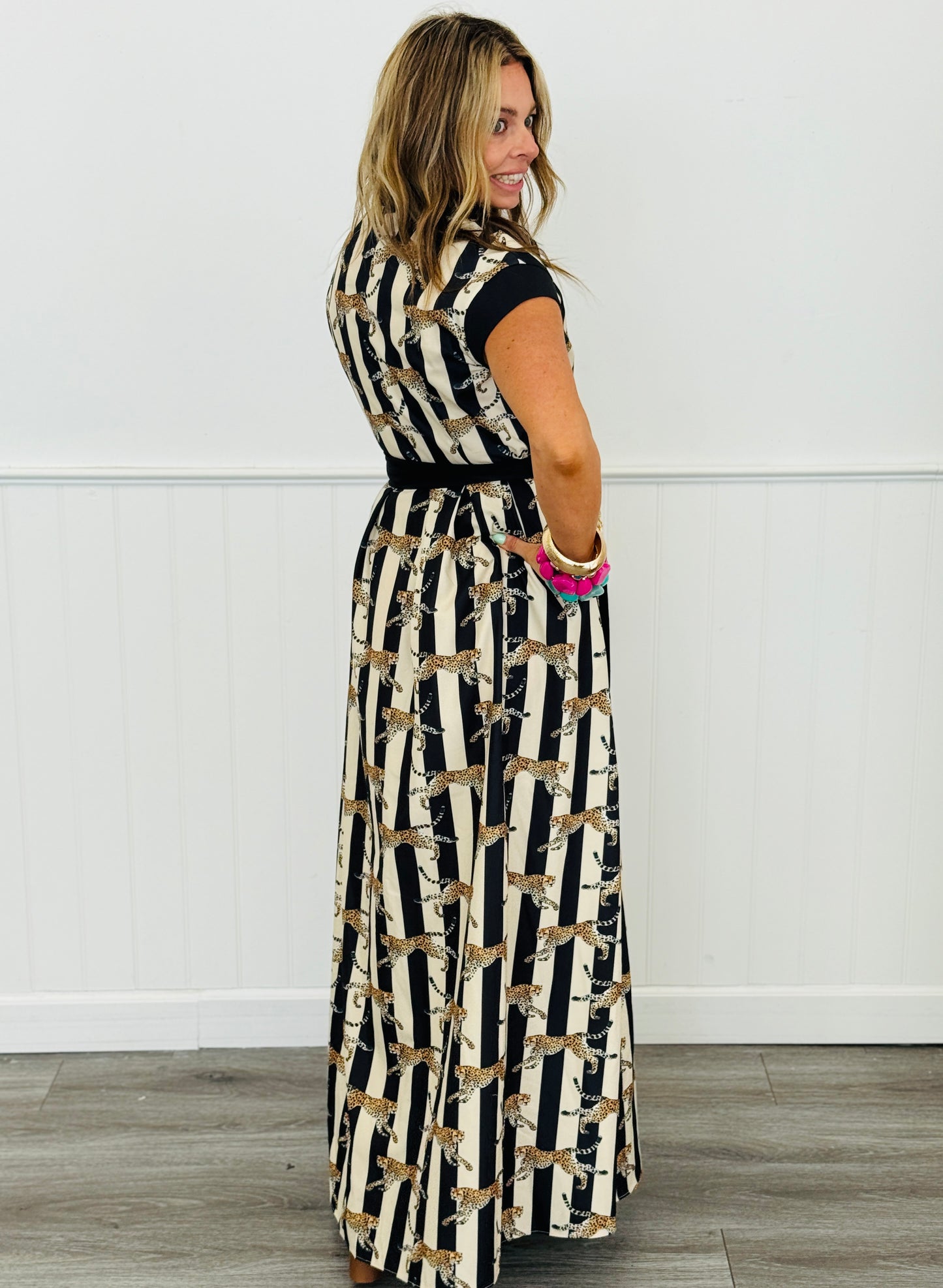 Leopard Striped Contrast Panel Shirt Dress (Reg. & Plus)