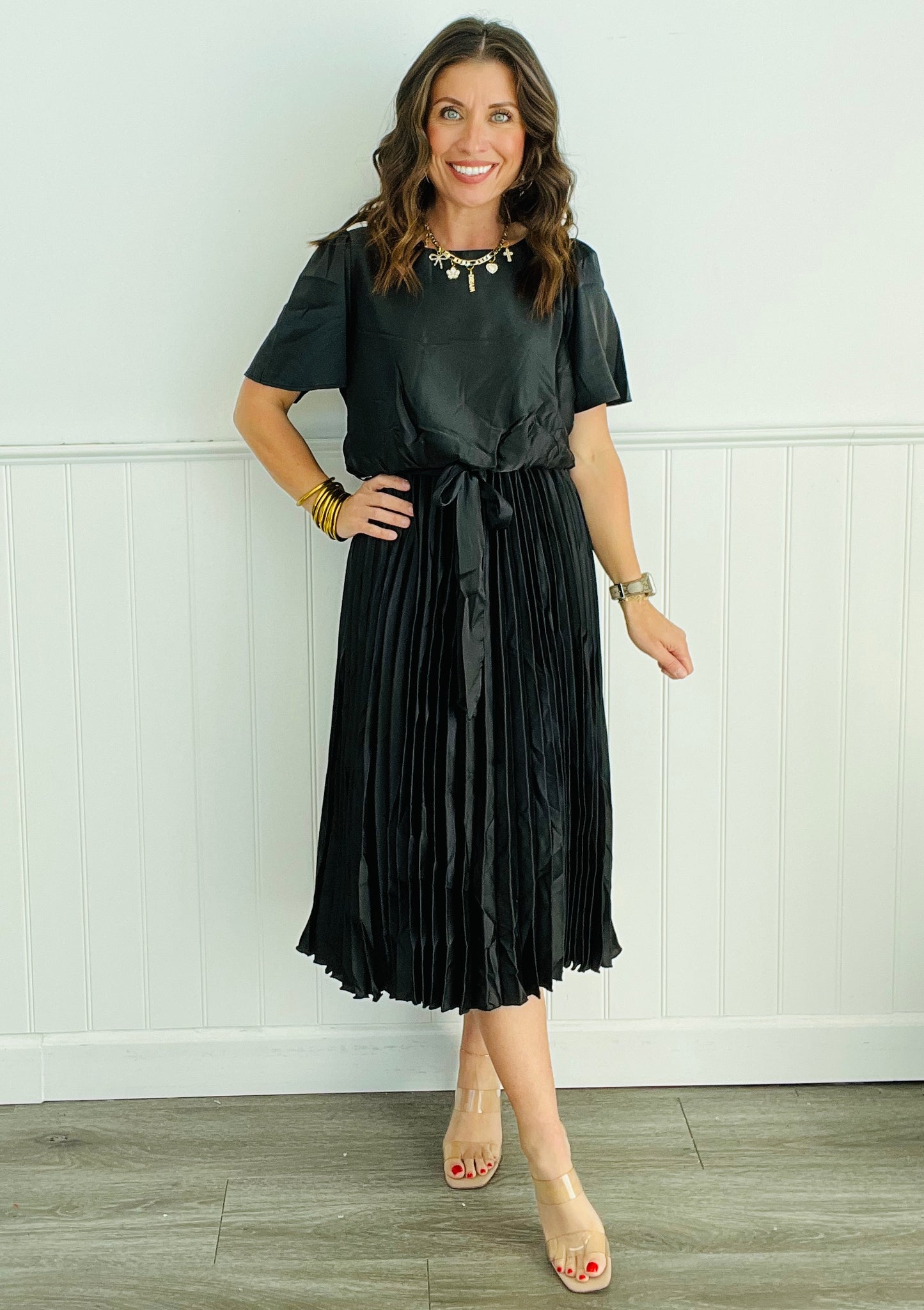 Black Satin Pleated Midi Dress (Reg & Plus)