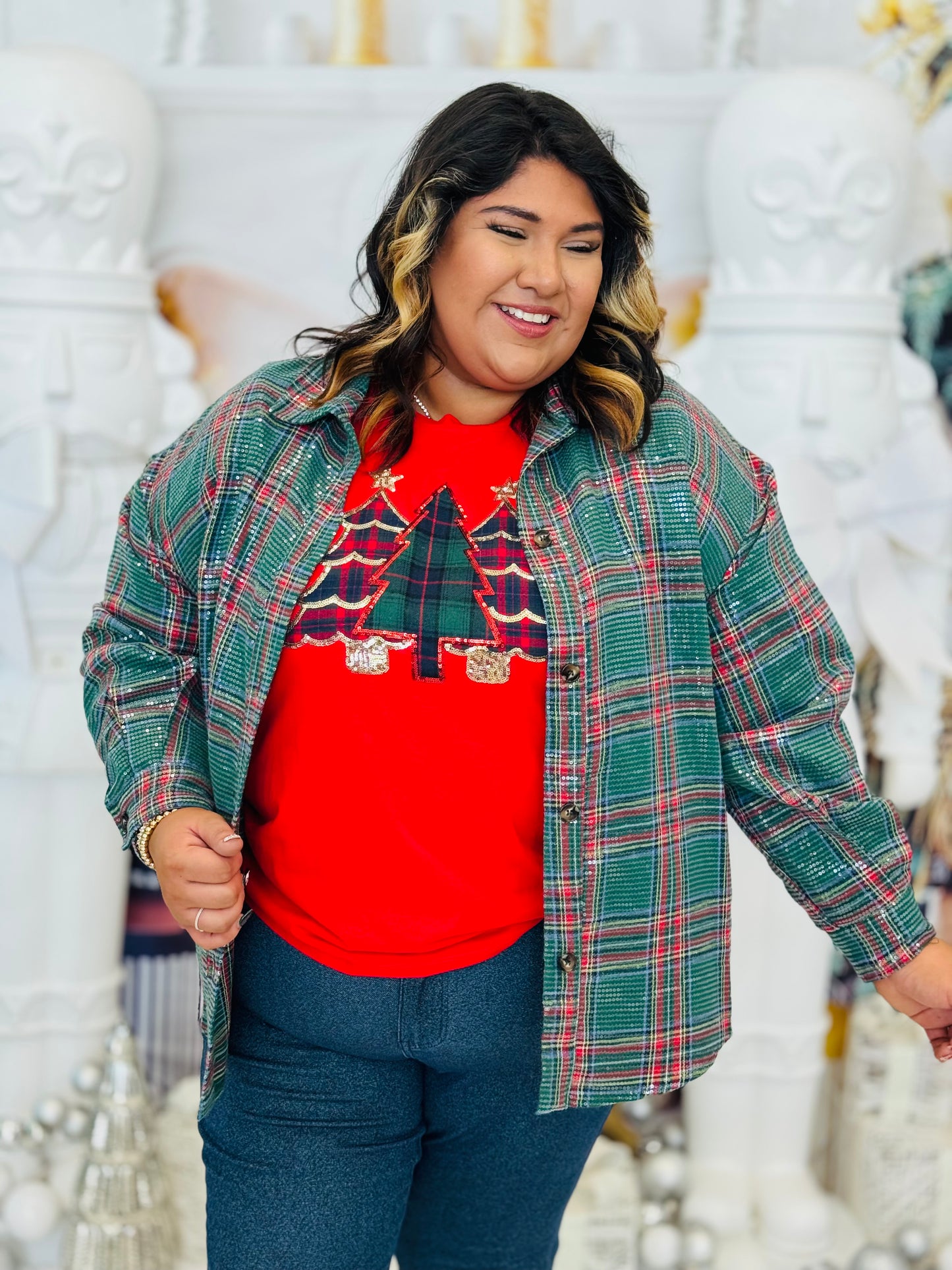 Red Festive Forest Sequin Sleeve Top (Reg. and Plus)