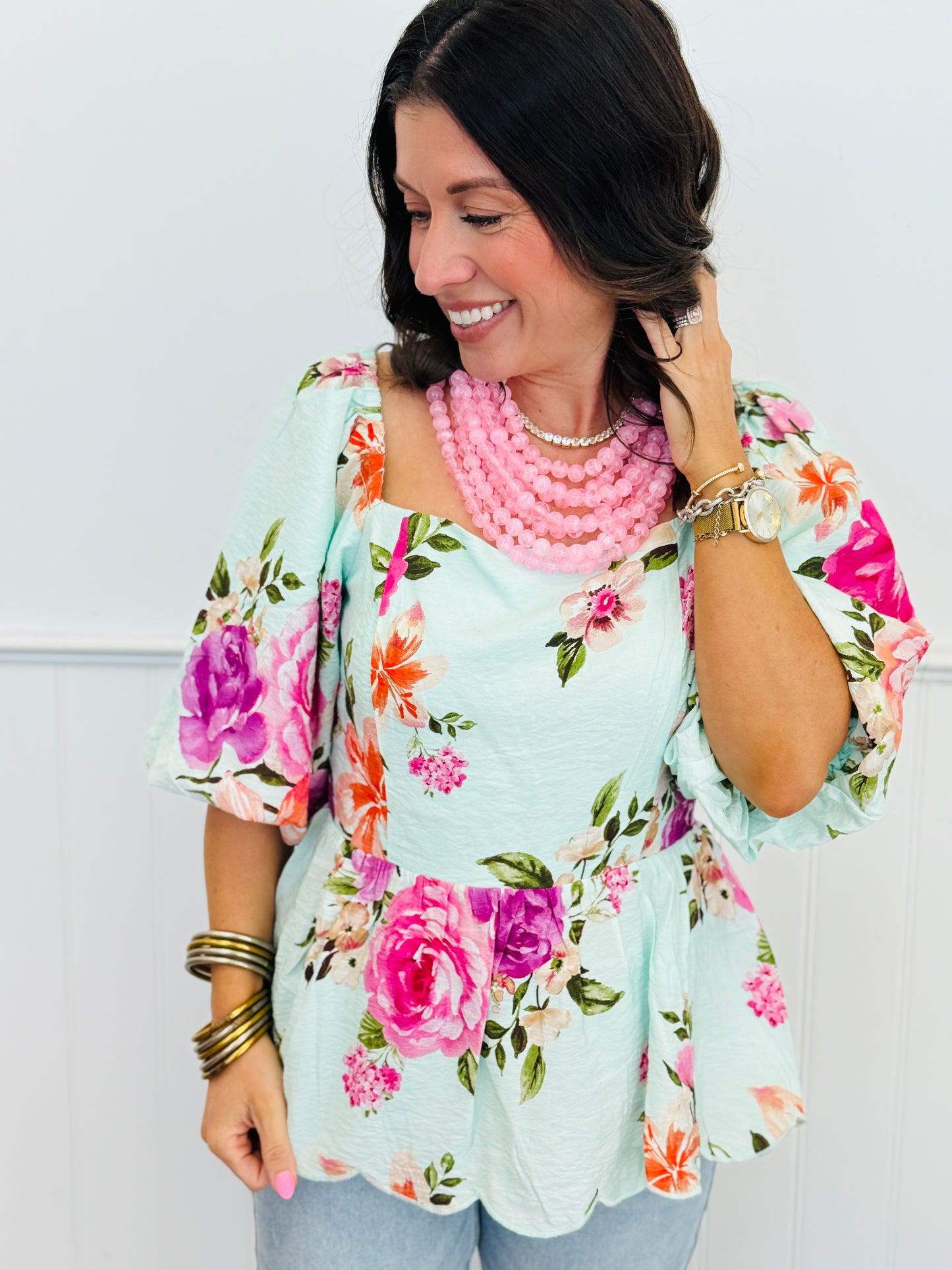 Mint Floral Print Peplum Blouse (Reg & Plus)