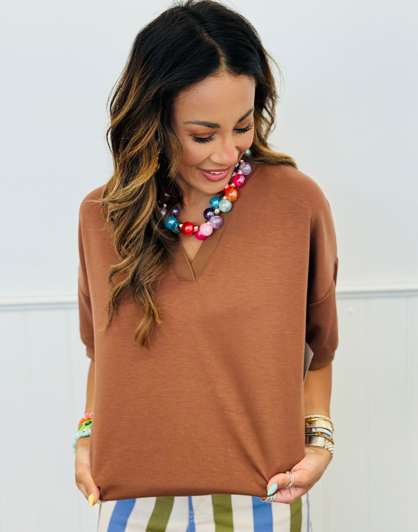 Brown Butter Soft V-Neck Top (Reg. and Plus)