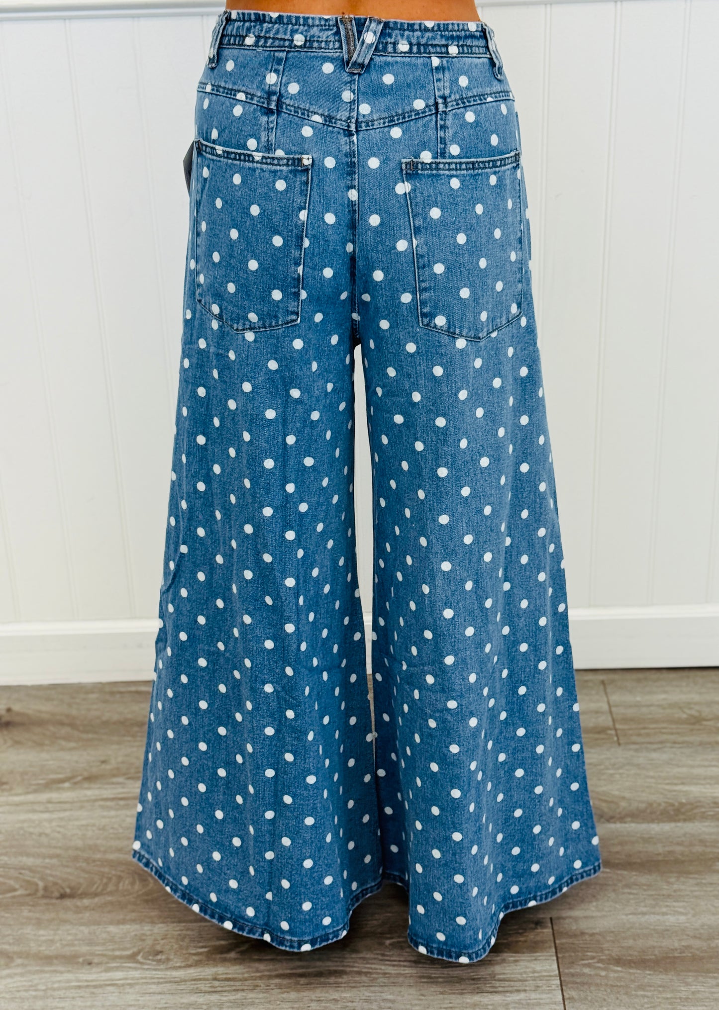Light Denim Polka Dot Wide Leg Pants (Reg. and Plus)