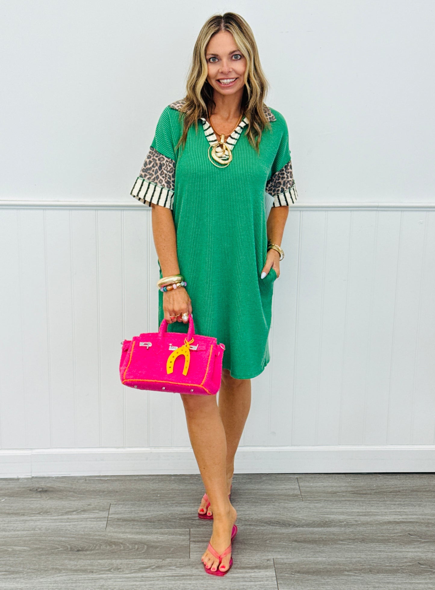 Kelly Green Contrast V-Neck Mini Dress (Reg. and Plus)