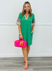 Kelly Green Contrast V-Neck Mini Dress (Reg. and Plus)