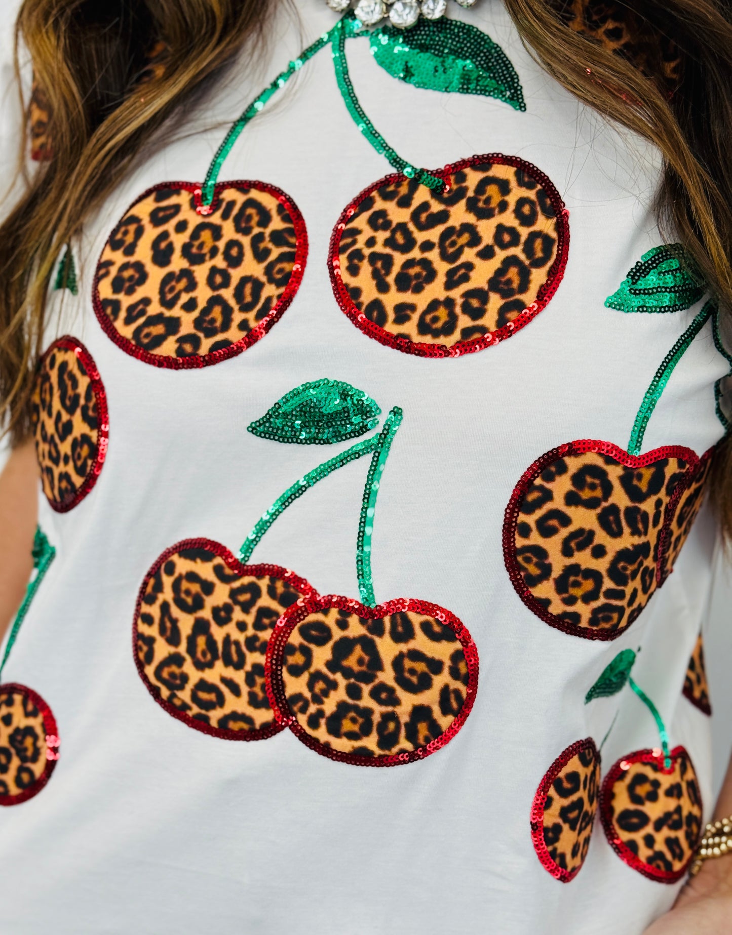 Queen Of Sparkles White Leopard Print Cherry Tee (Reg. and Plus)