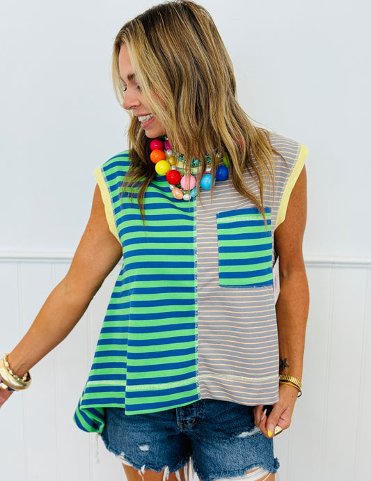 Green Blue Grey Striped Color Block Sleeveless Top (Reg & Plus)