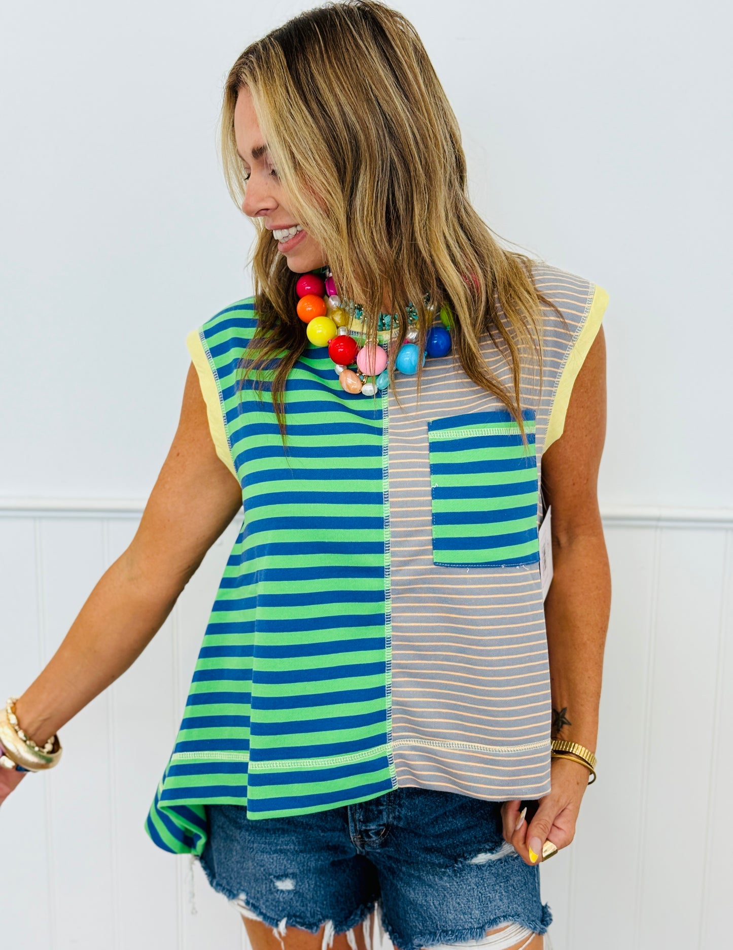 Green Blue Grey Striped Color Block Sleeveless Top (Reg & Plus)