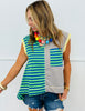Green Blue Grey Striped Color Block Sleeveless Top (Reg & Plus)