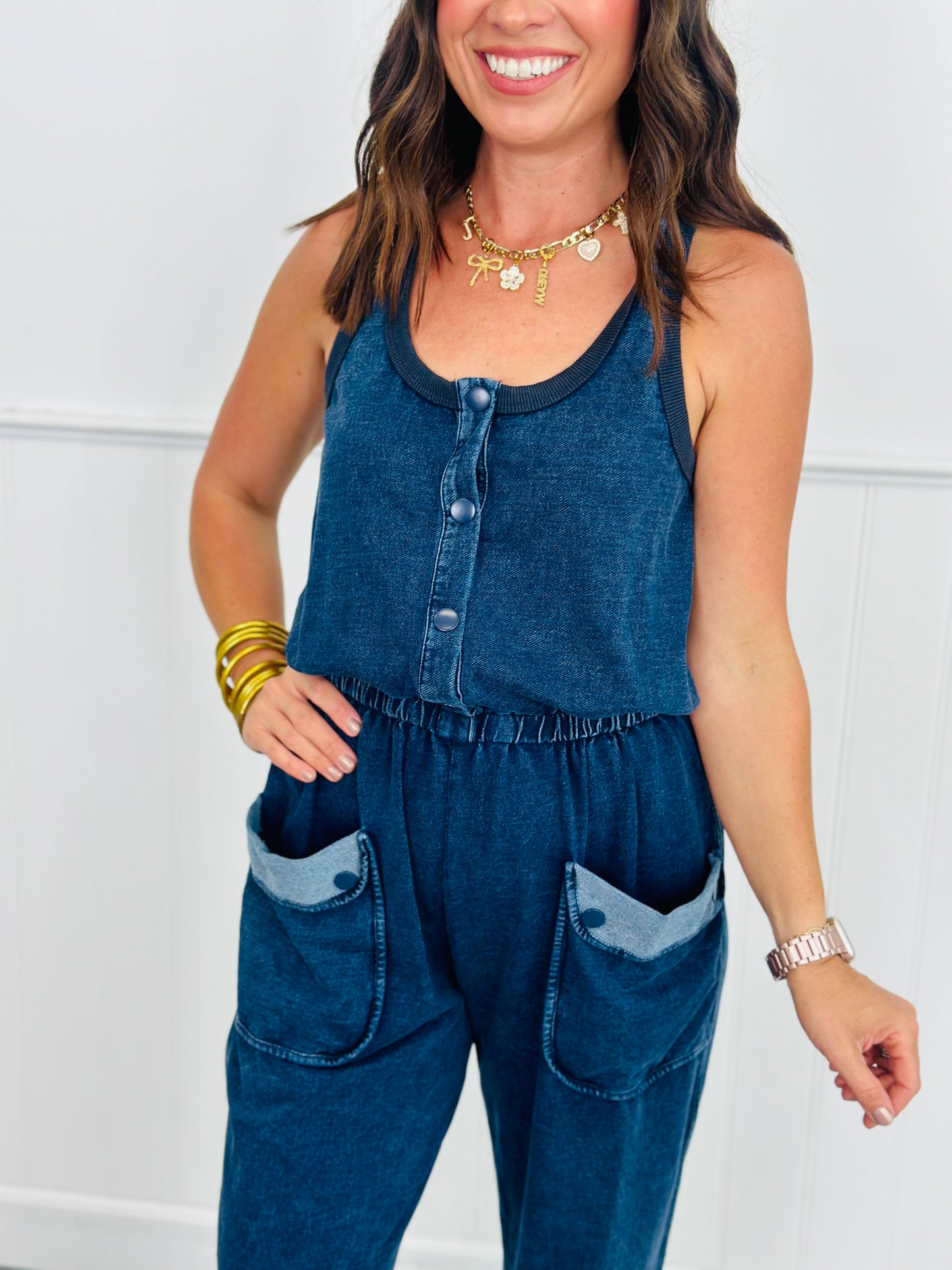 Acid Washed Denim  French Terry Jumpsuit (Reg. and Plus)