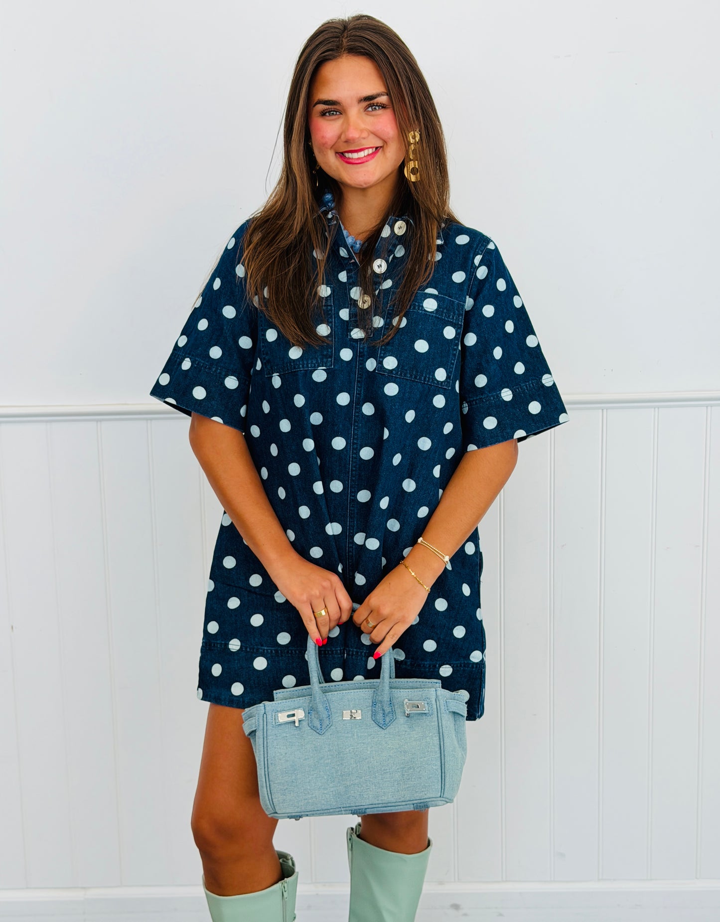 Washed Denim Polka Dot Mini Dress (Reg.)