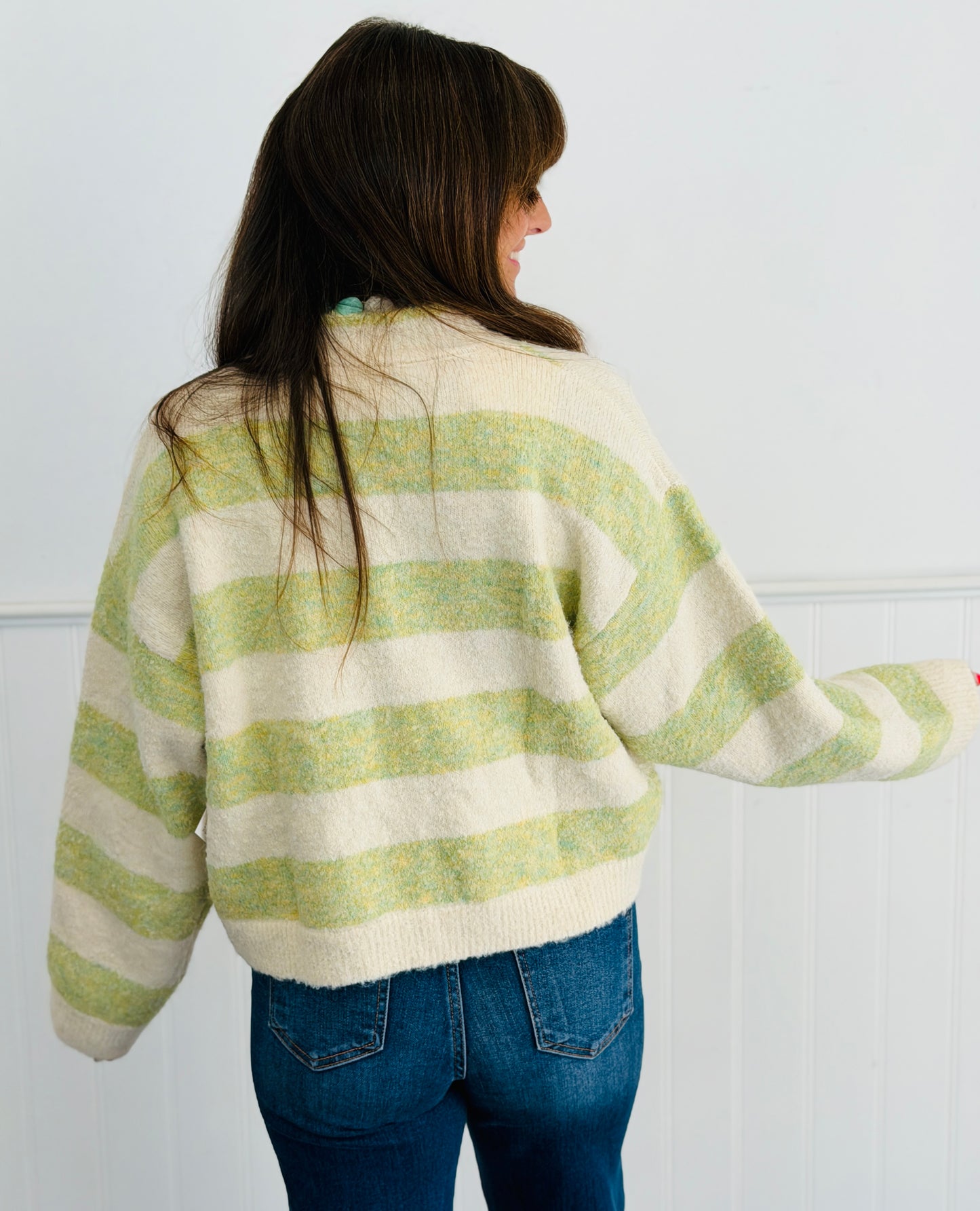 Cream/Green Stripe Button Up Sweater Cardigan (Reg.)