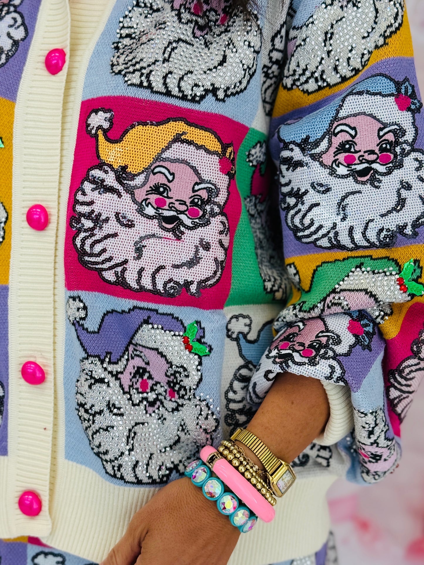 Queen Of Sparkles Pastel Colorblock Santa Button Up Cardigan (Reg. and Plus)