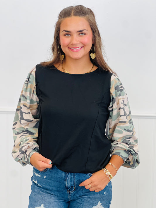 Camo Print Bubble Sleeve Top (Reg.)