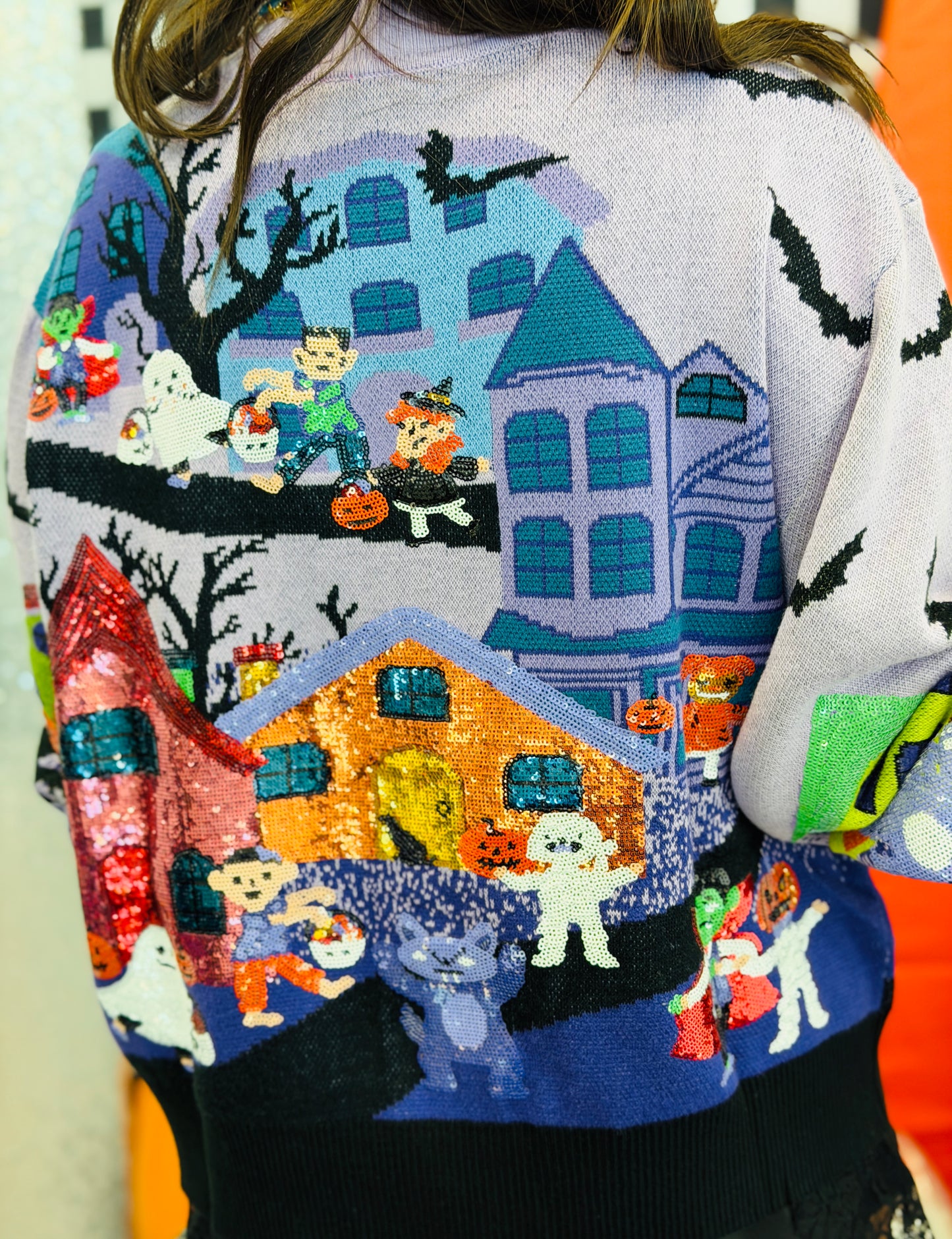 Queen Of Sparkles Lavender Multi Trick or Treating Scene Cardigan (Reg. and Plus)