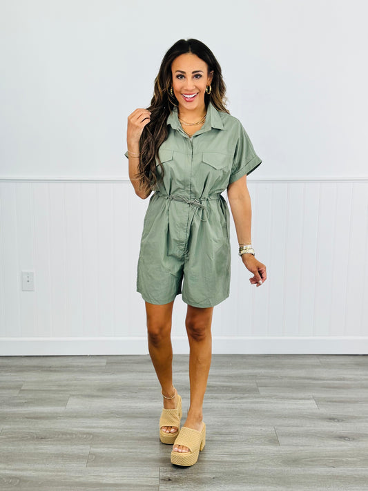 Olive Short Sleeve Woven Romper (Reg. and Plus)