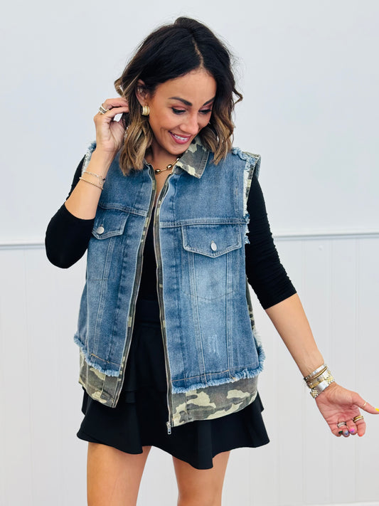 Denim Camo Mix Zip Vest (Reg & Plus)