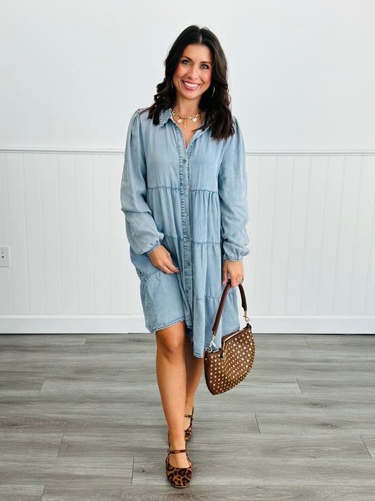 Lt. Blue Chambray Tiered Mini Dress (Reg & Plus)