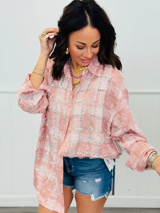 Pink Rhinestone Embellished Button Up Top (One Size)