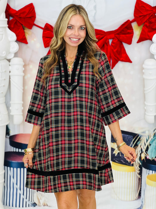 Black Plaid Velvet Trim Mini Dress (Reg & Plus)