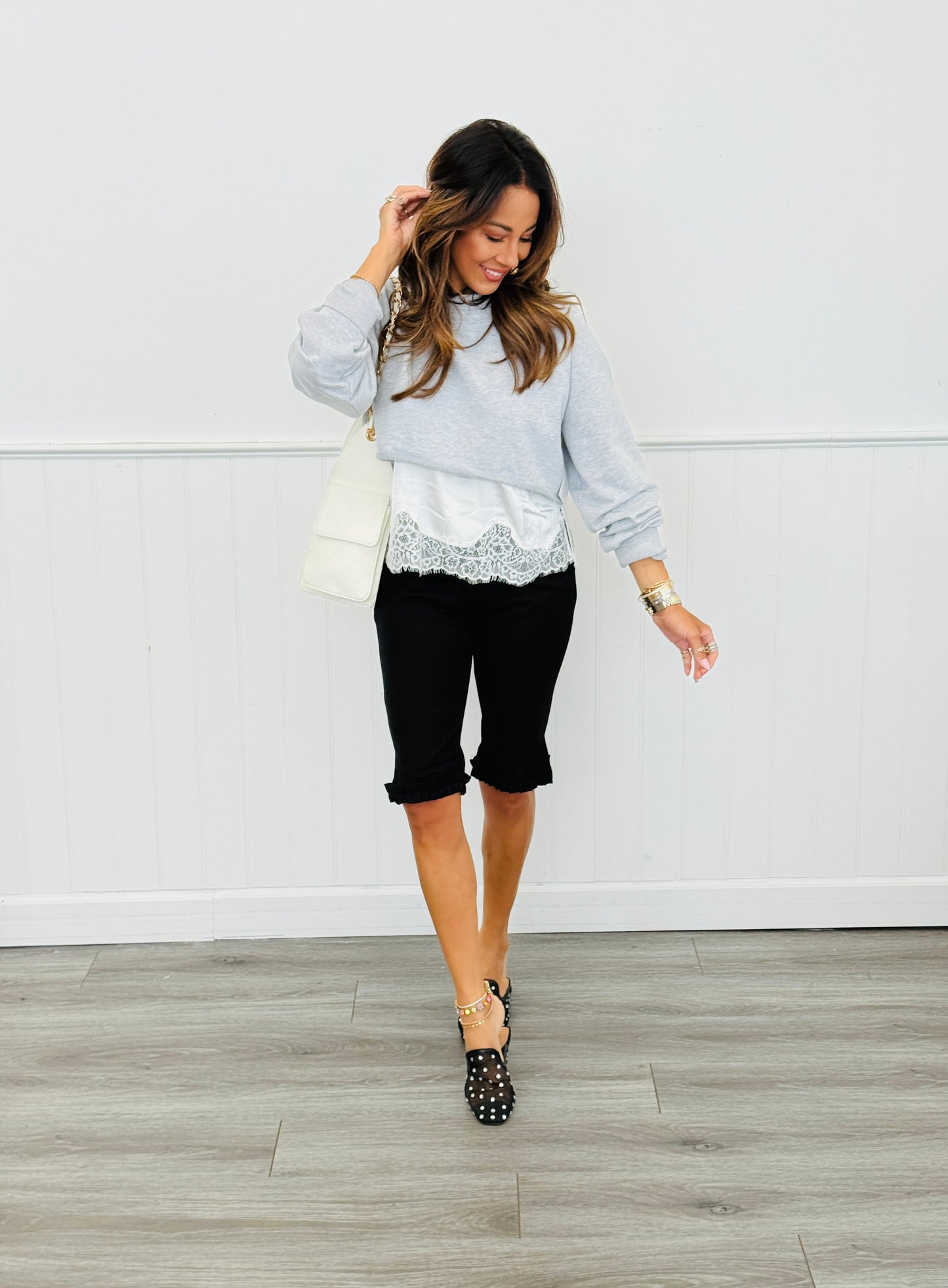 H Grey Twofer Satin & Lace Sweatshirt (Reg.)