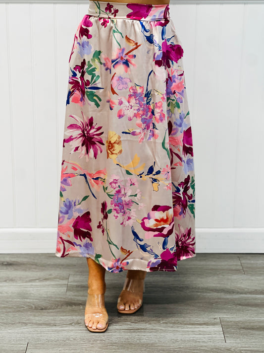 Champagne/Magenta Floral Satin Slip On Midi Skirt (Reg. and Plus)