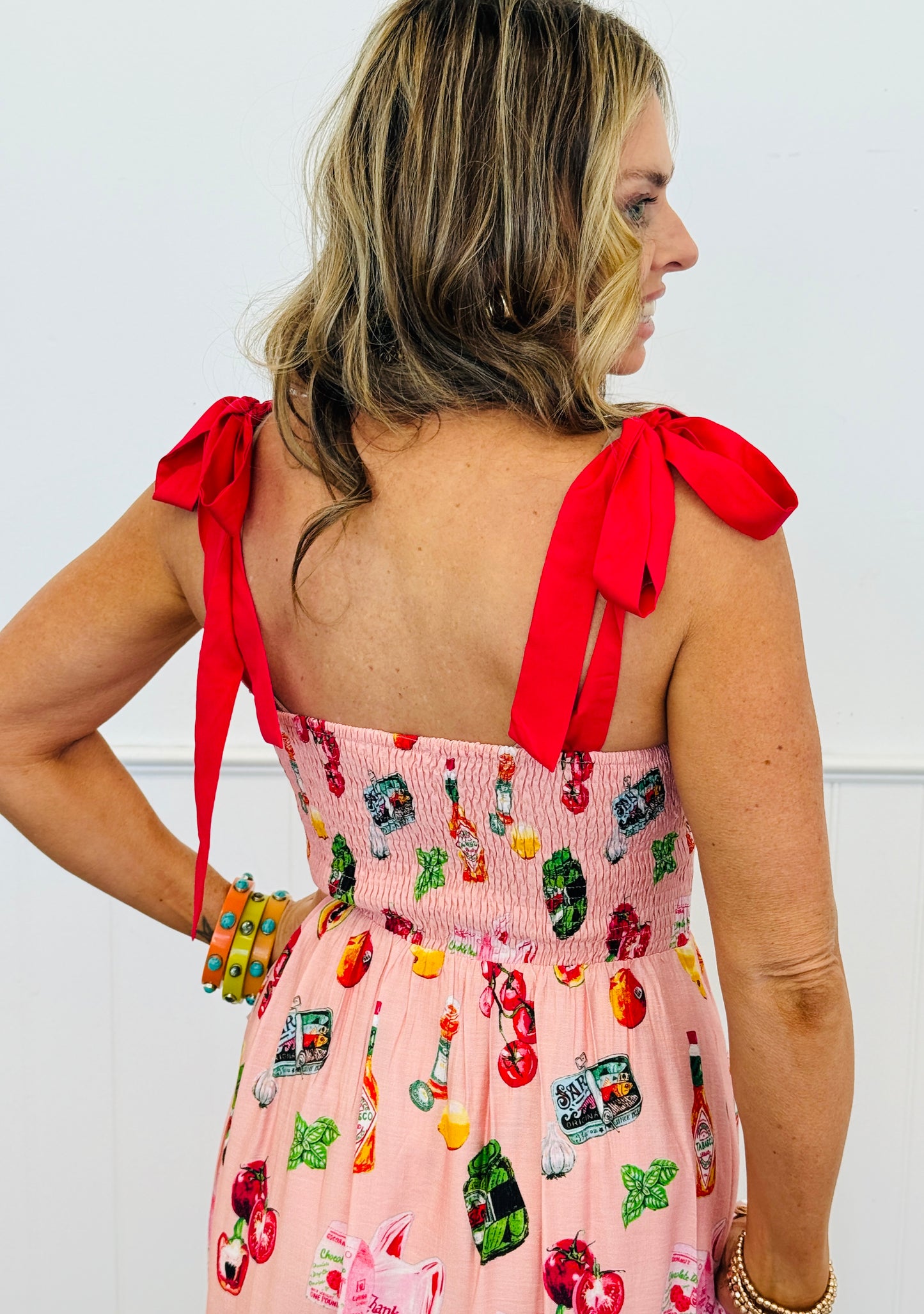 Peach Pink Fruit & Food Print Maxi Dress (Reg.)