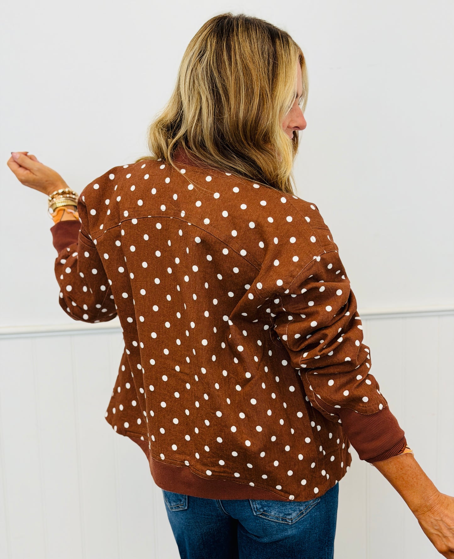 Mocha Polka Dot Zip Up Jacket (Reg. and Plus)