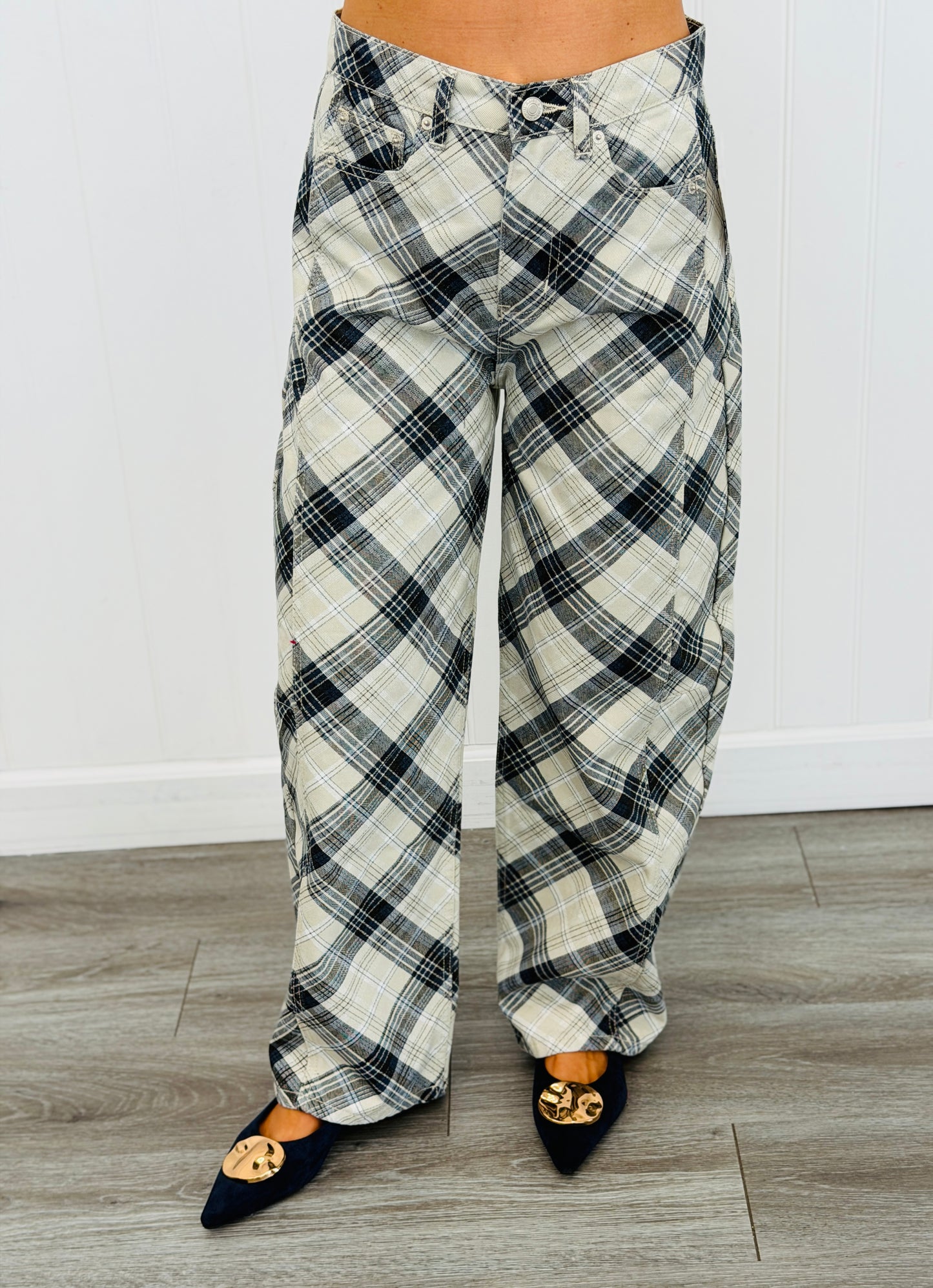 Beige Plaid Cotton Barrel Pants (Reg.)