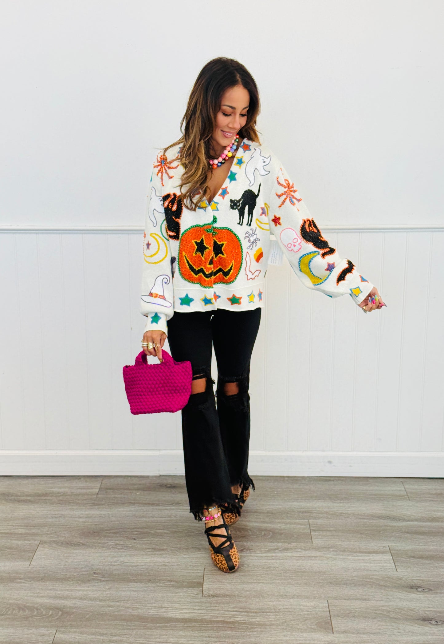 Queen Of Sparkles Ivory Halloween Icon Button Up Cardigan (Reg. and Plus)