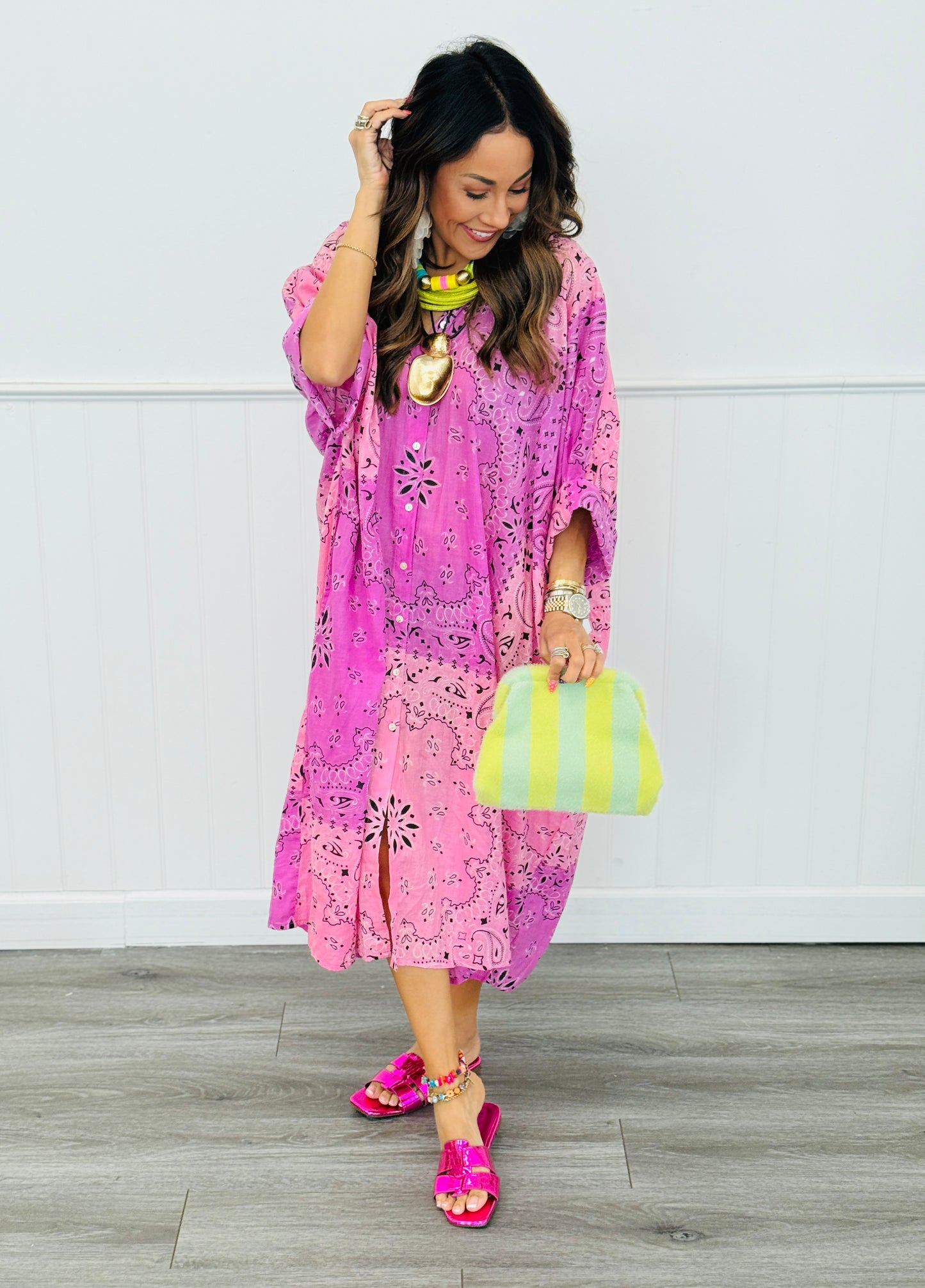 POL Pink Multi Floral & Contrast Stripe Midi Dress (OS)
