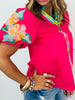 Fuchsia Floral Embroidered Puff Sleeves Blouse (Reg.)