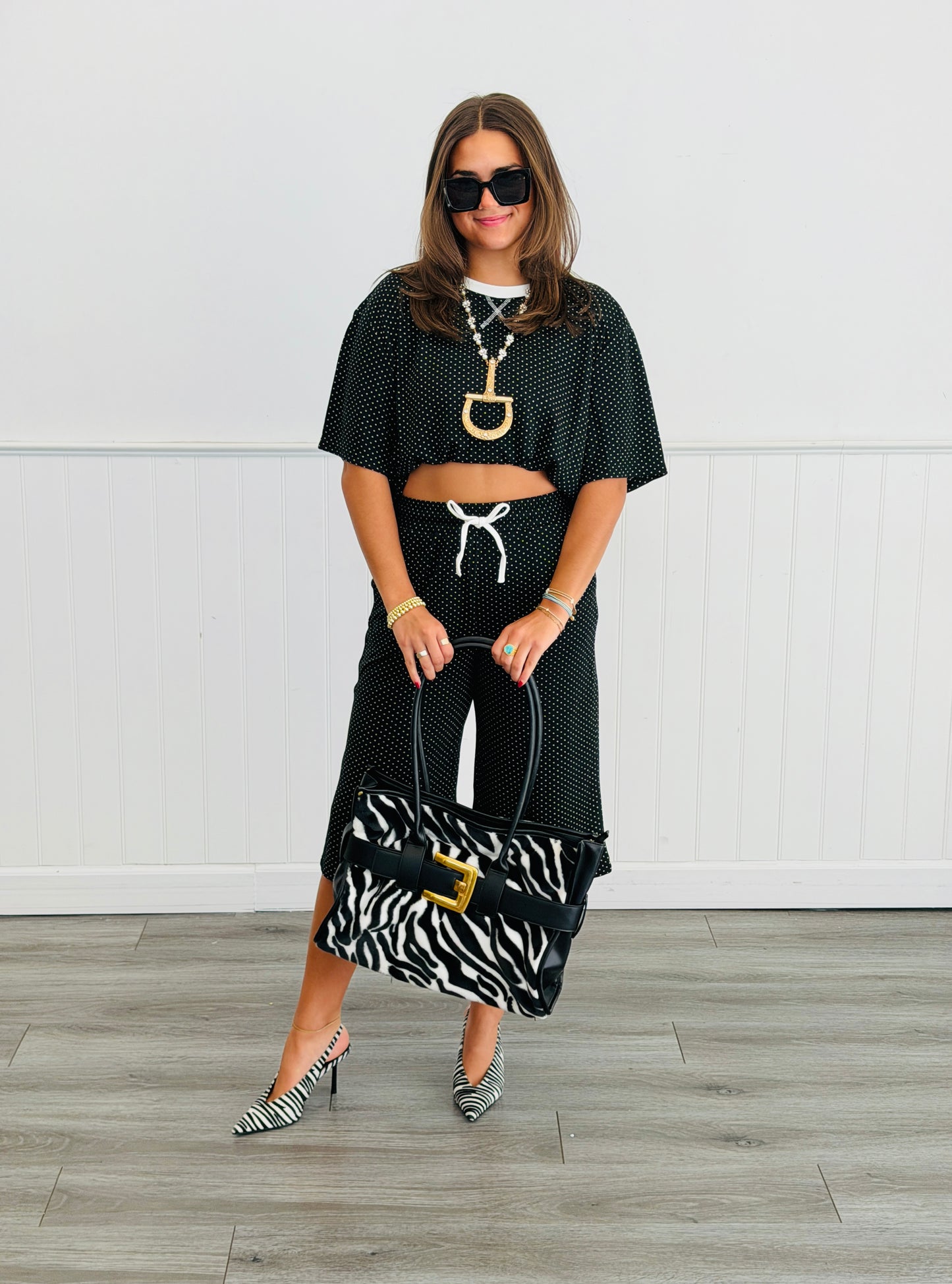 Black Polka Dot Top & Crop Pants Set (Reg.)