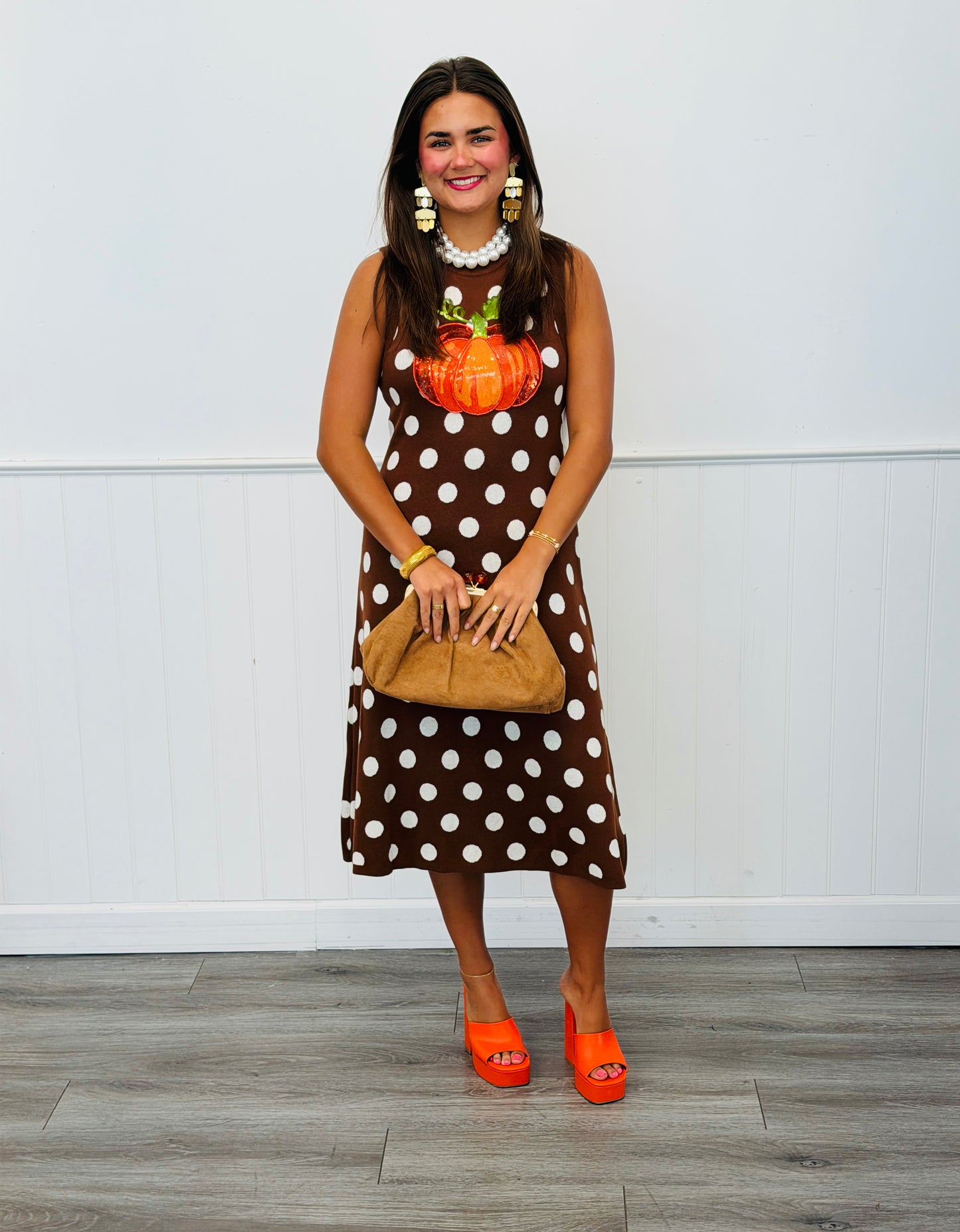 Queen Of Sparkles Brown Polka Dot Pumpkin Midi Tank Dress (Reg. and Plus)