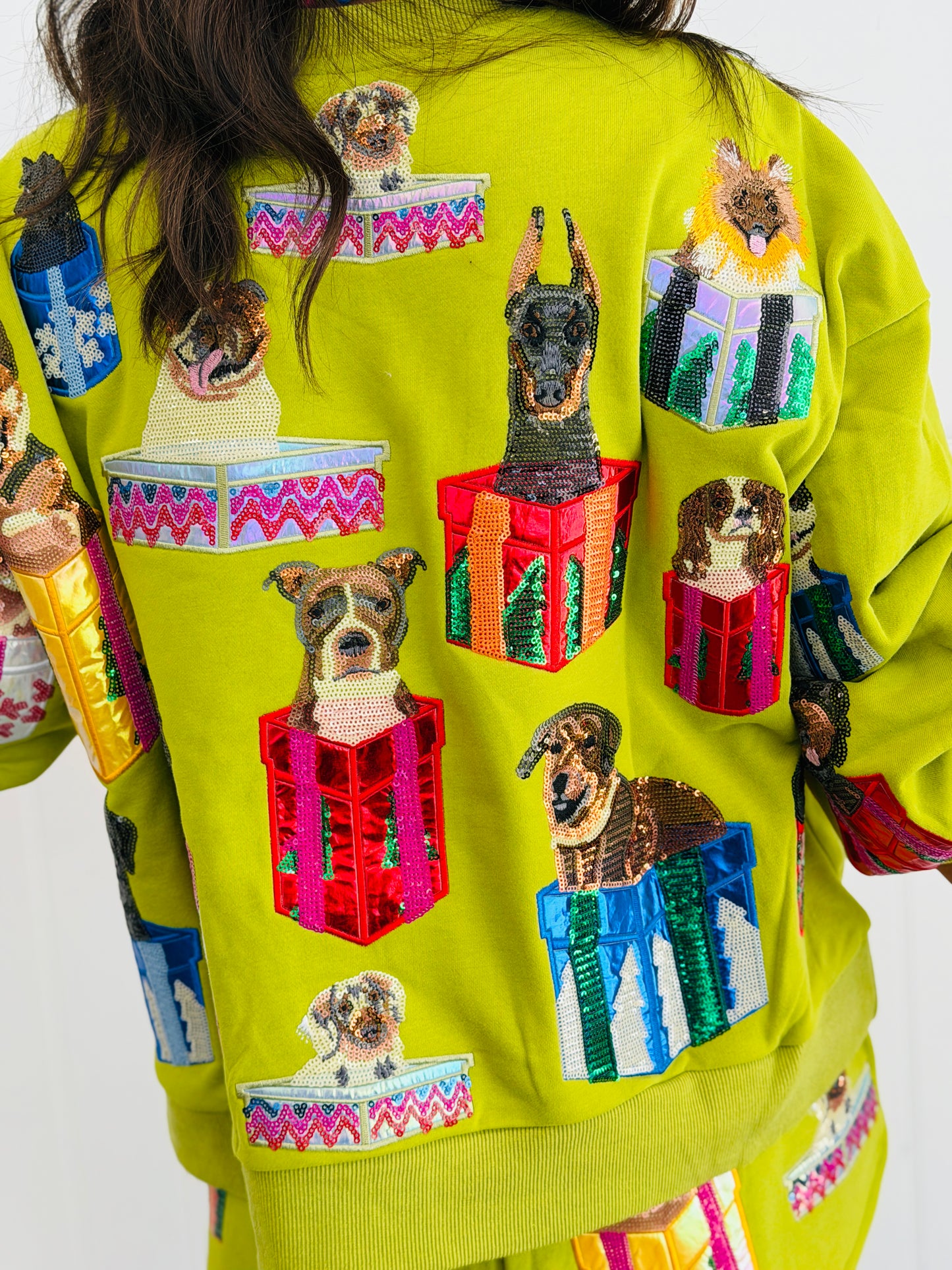 Queen Of Sparkles Green Dogs in Present Boxes Sweatshirt (Reg. & Plus)
