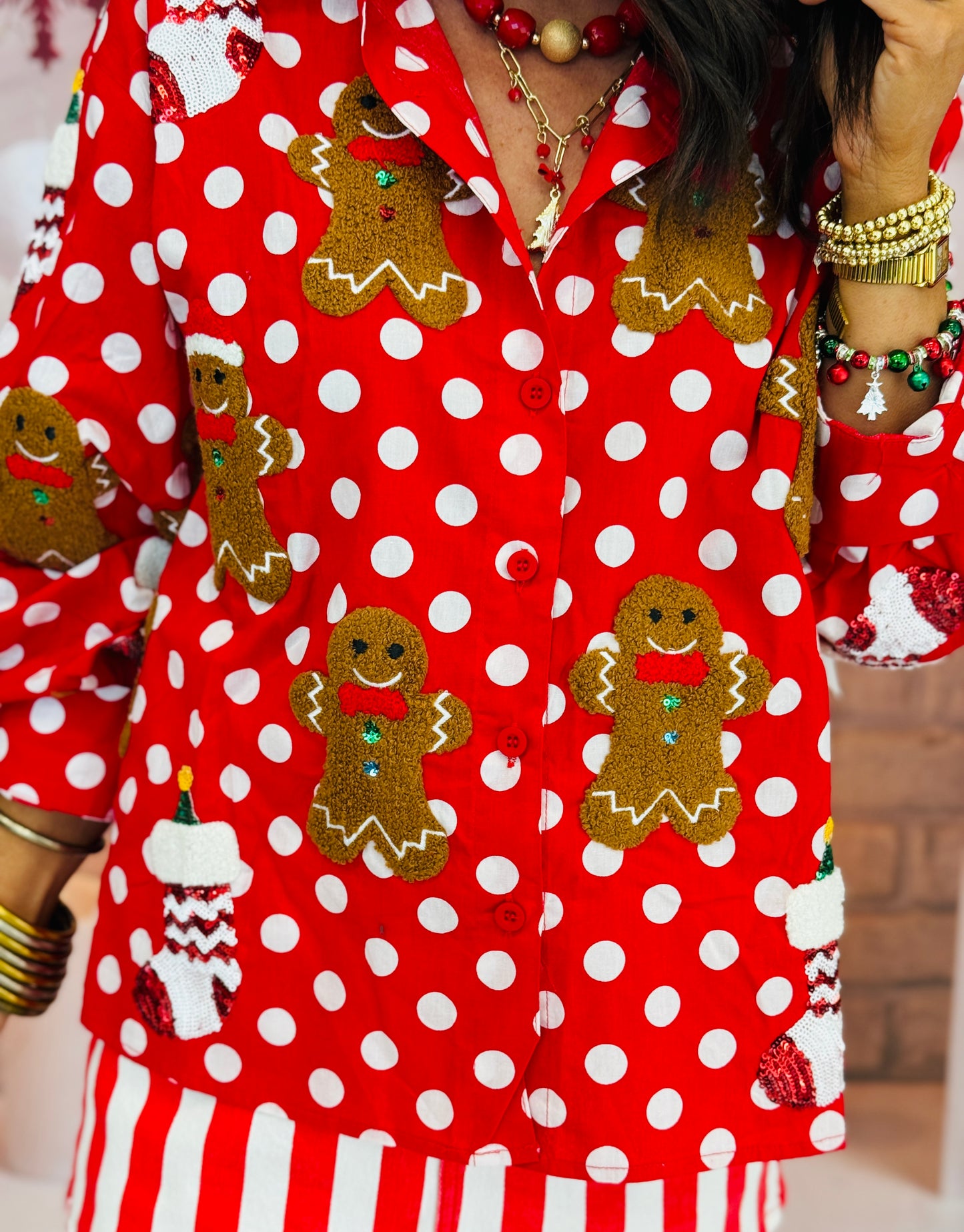 Queen Of Sparkles Polka Dot Gingerbread Man & Stocking Top (Reg. & Plus)
