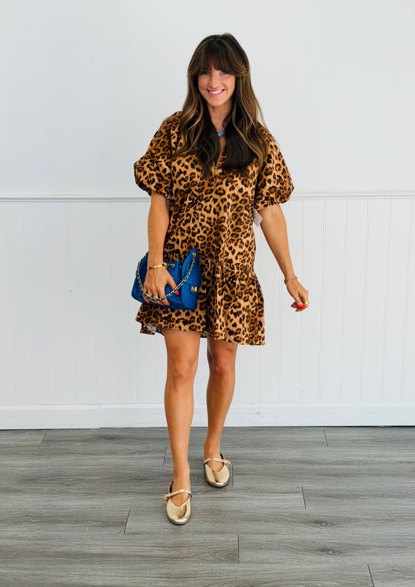Brown Leopard Print Zip Front Mini Dress (Reg & Plus)