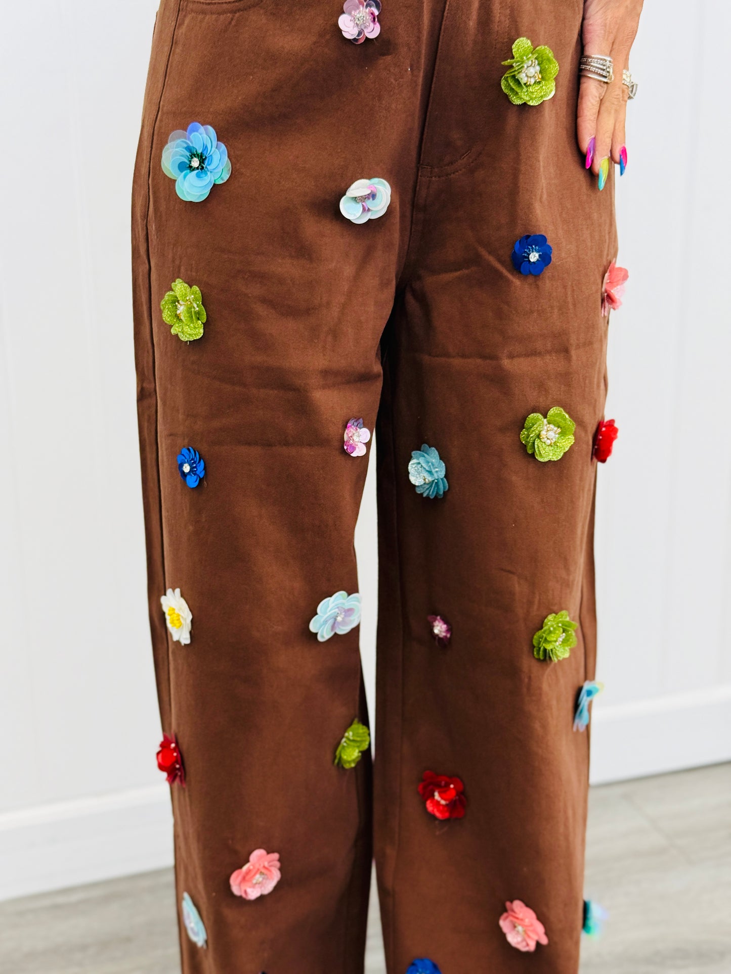 Queen Of Sparkles Brown Multi Sequin Flower Wide Leg Jeans (Reg. and Plus)