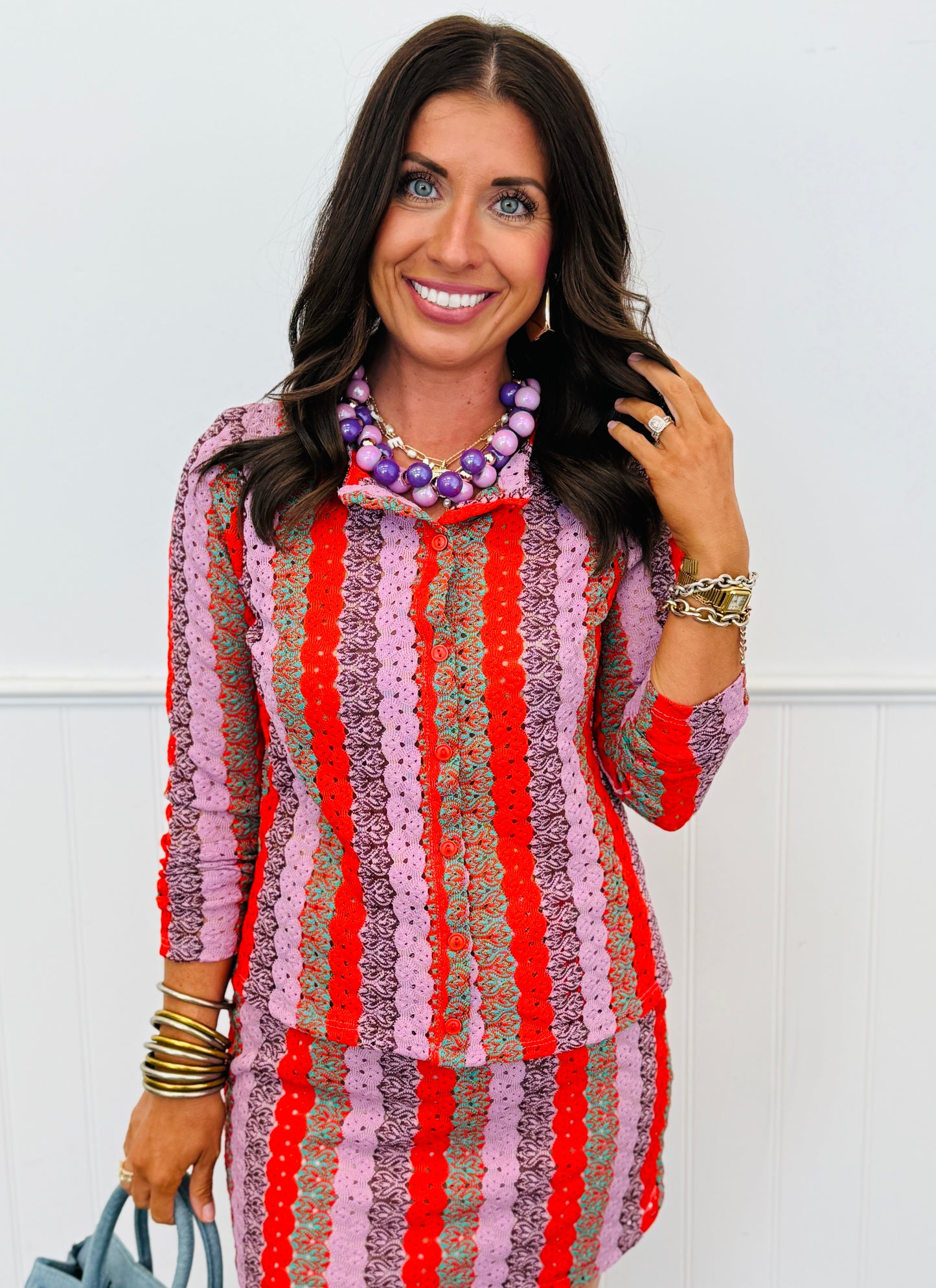 Textured Stripe Cardigan & Mini Skirt Set (Reg & Plus)