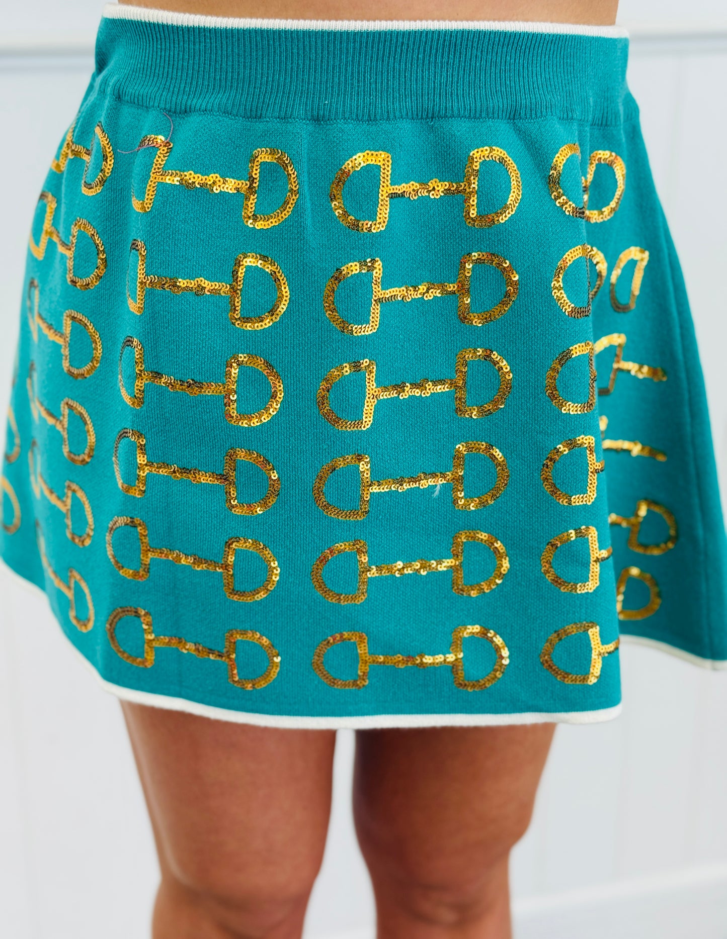 Queen Of Sparkles Mint & Gold Horse Knit Skirt (Reg. & Plus)