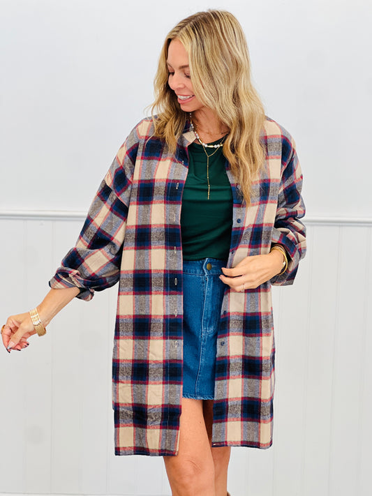 Taupe Combo Plaid Oversized Button Down Top (Reg.)