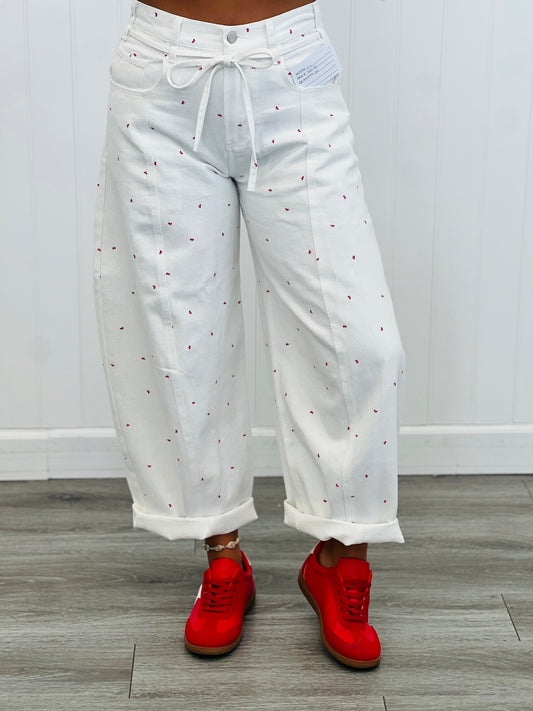 Off White Mini Bow Print Washed Barrel Jeans (Reg.)