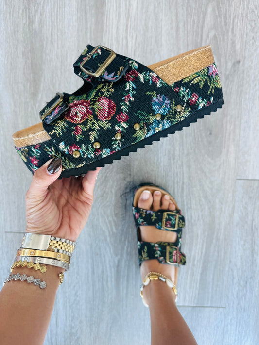 Corkys Wannabe Black Brocade Floral Sandals