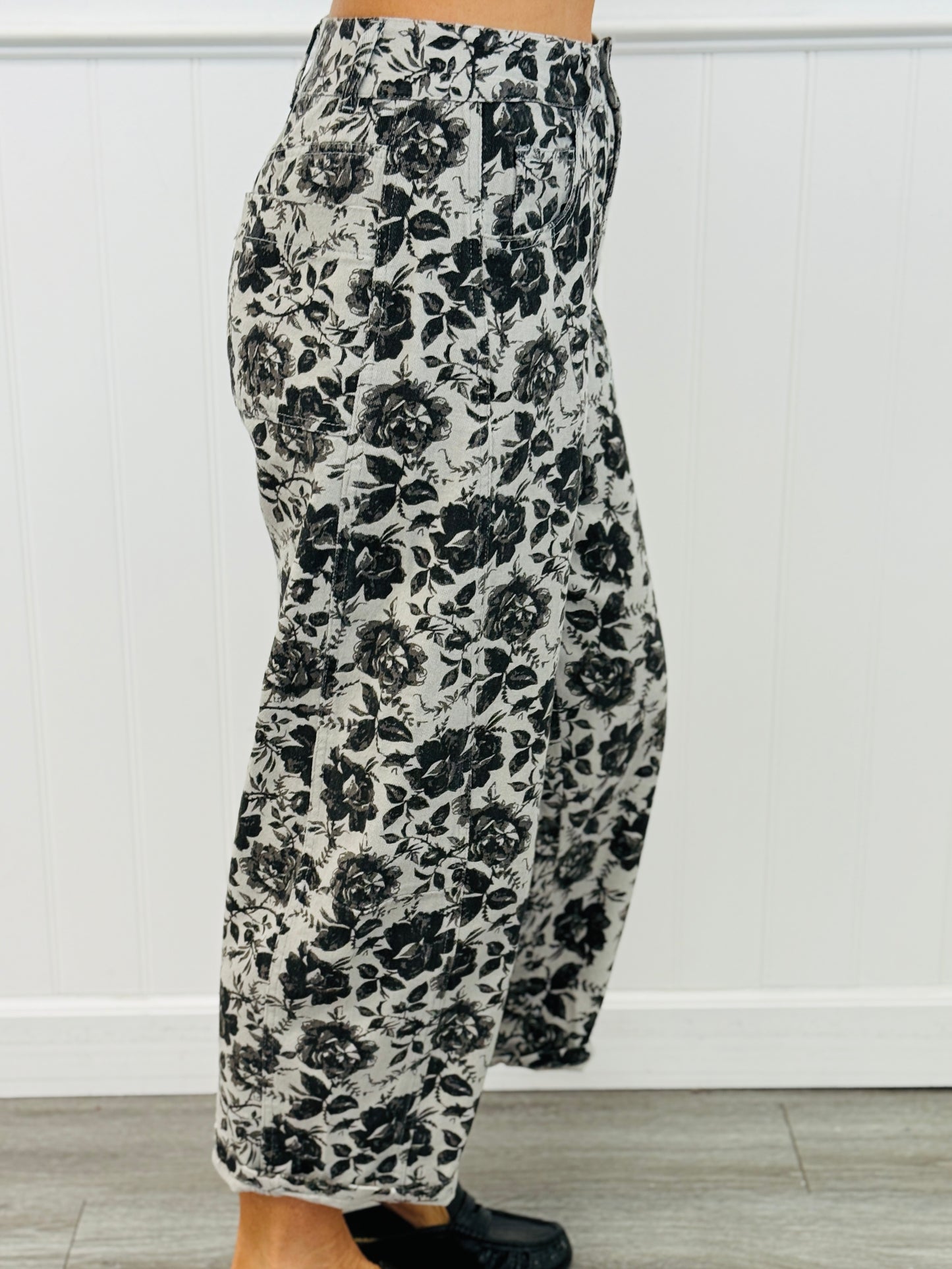 Grey/Black Rose Print Barrel Jeans (Reg & Plus)