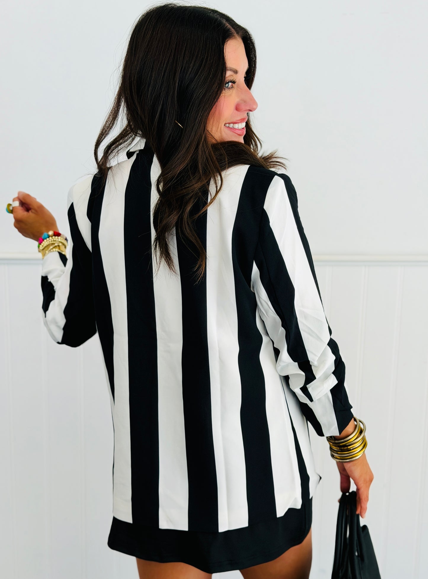 Black White Vertical Stripe Relaxed Blazer (Reg. & Plus)