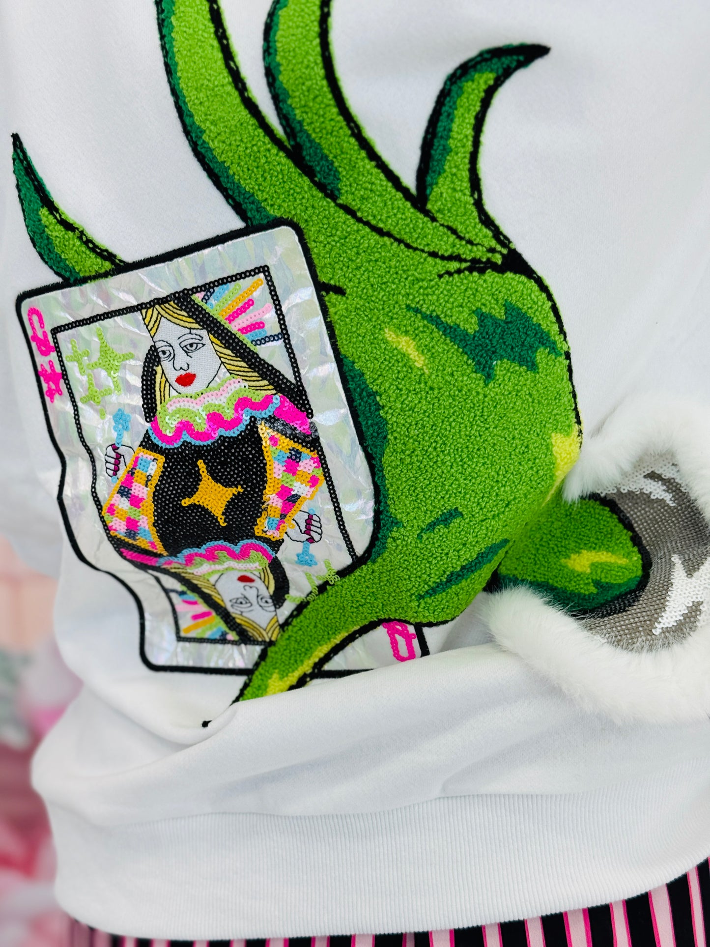 Queen Of Sparkles White & Green Hand Holding Logo Card Sweatshirt (Reg. & Plus)