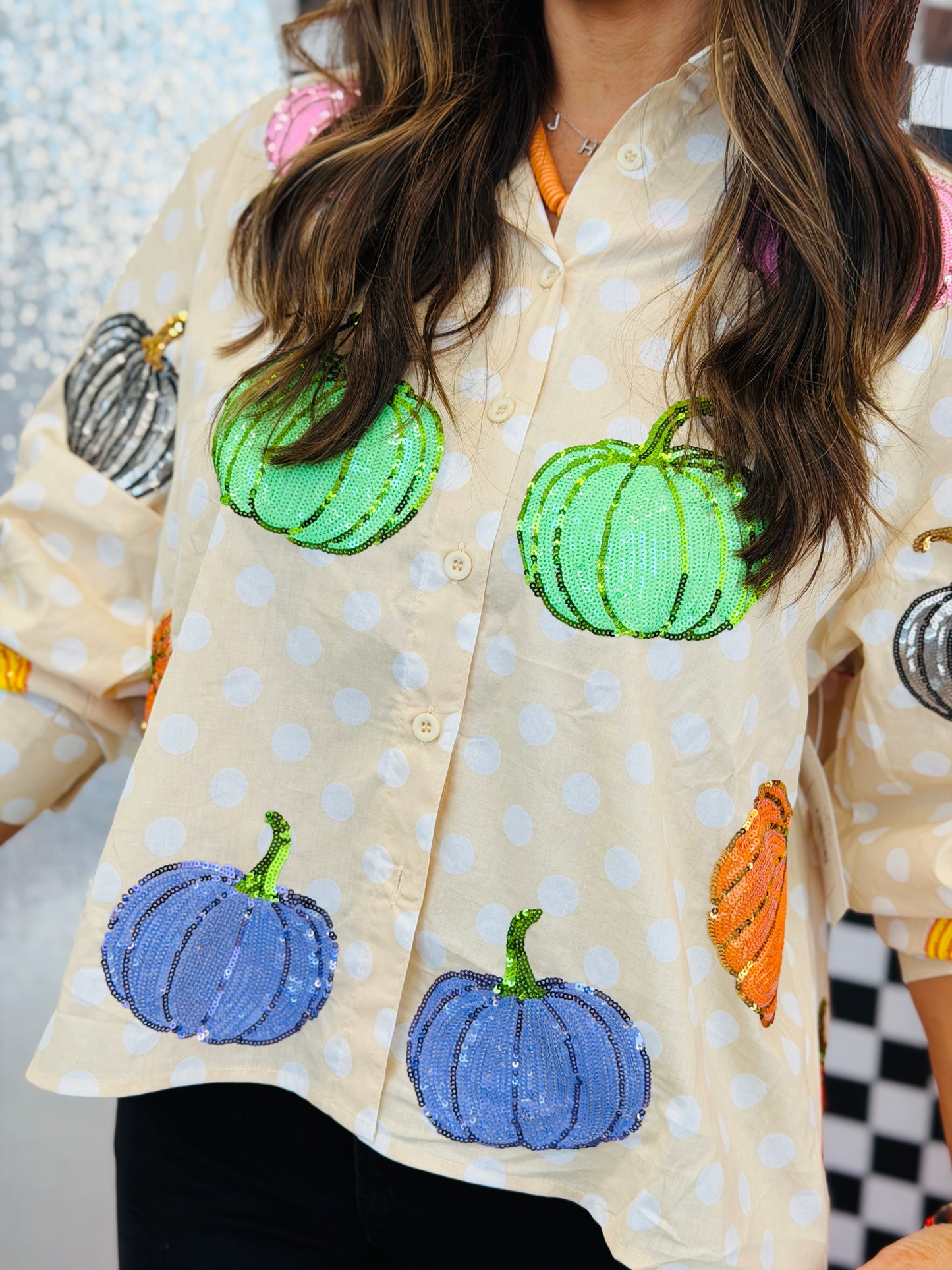 Queen Of Sparkles Beige & White Polka Dot Pumpkin Button Up Top (Reg. and Plus)