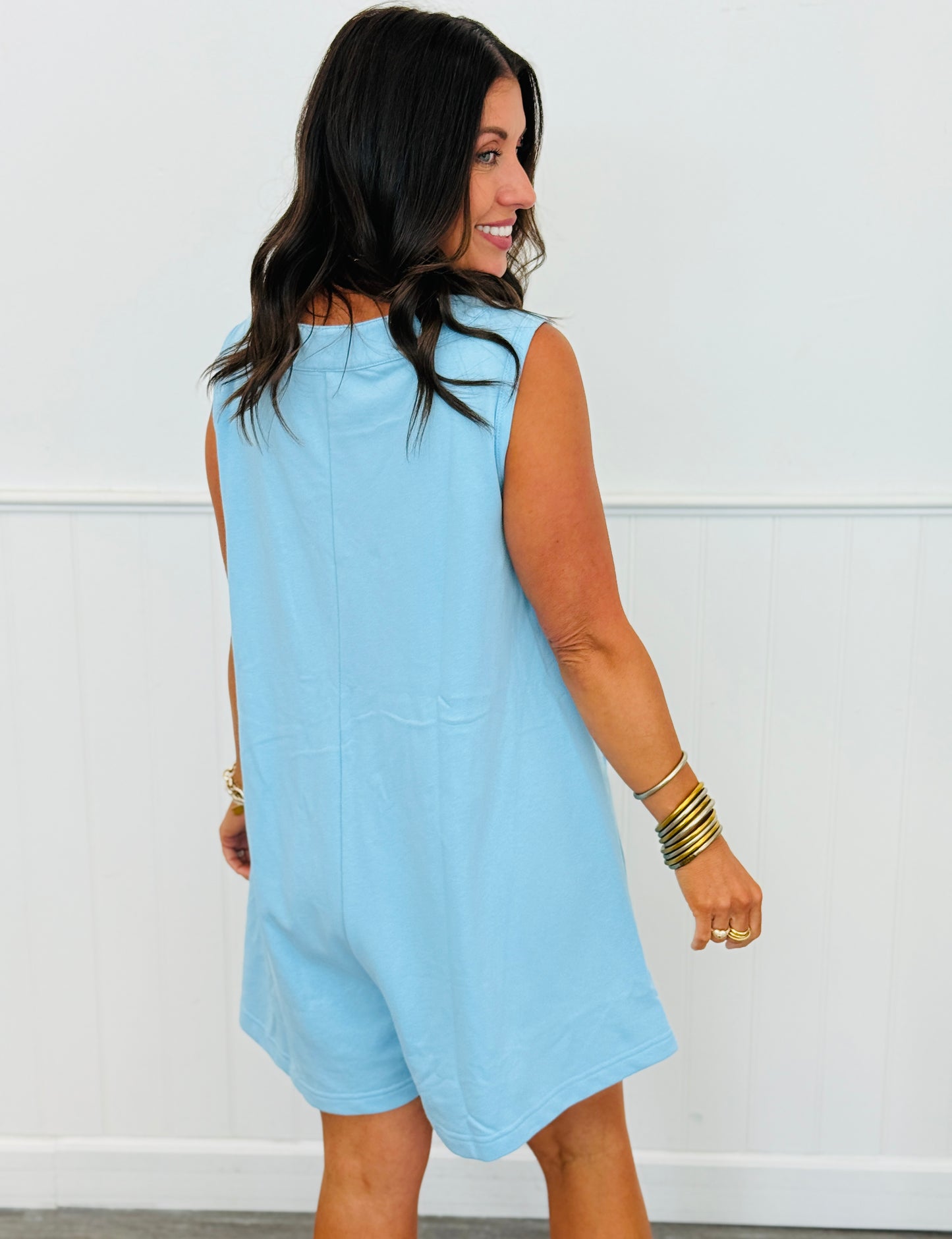 Light Blue Pleated Front Tie Romper (Reg.)