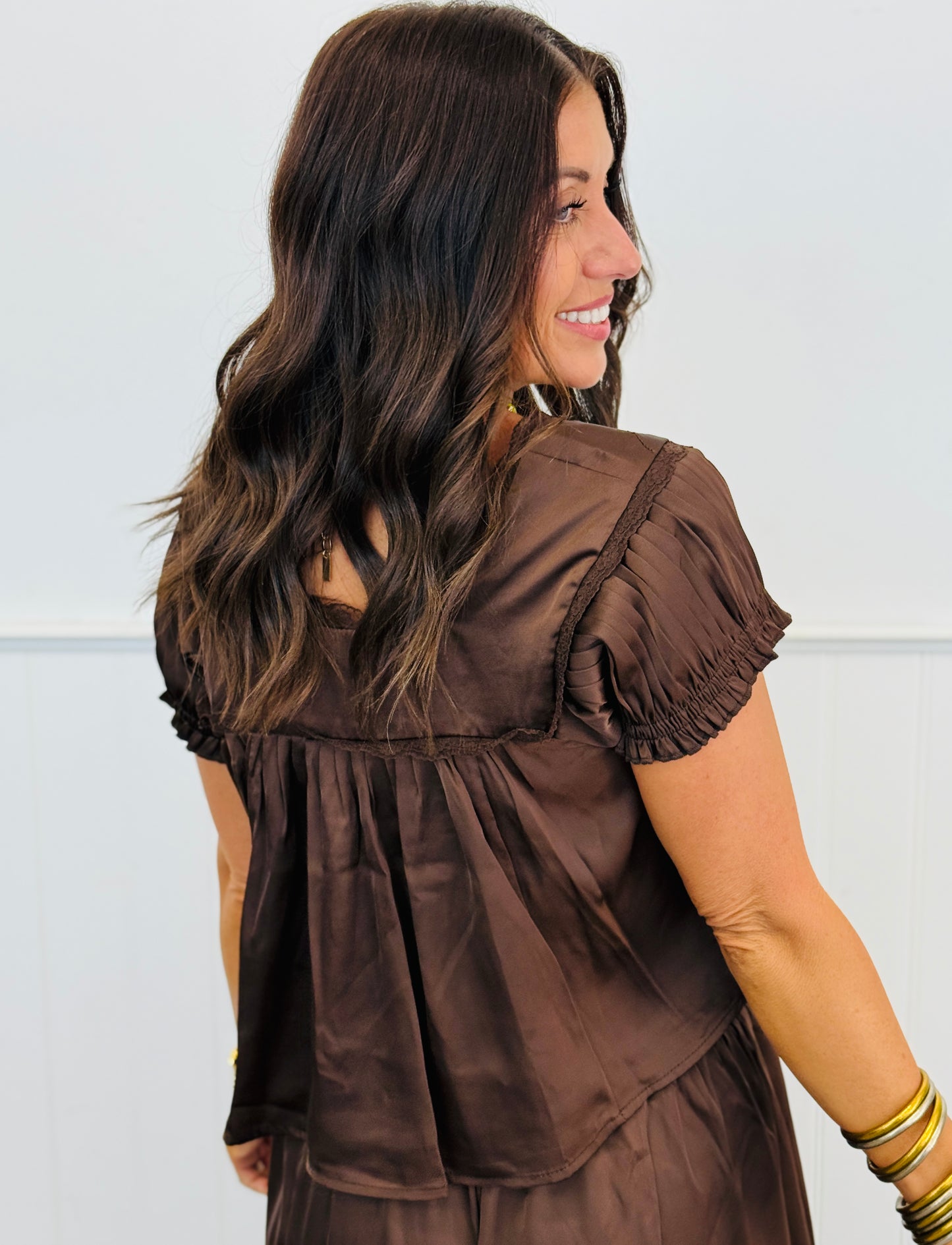 Dk Brown Embroidered Lace Satin Blouse (Reg & Plus)